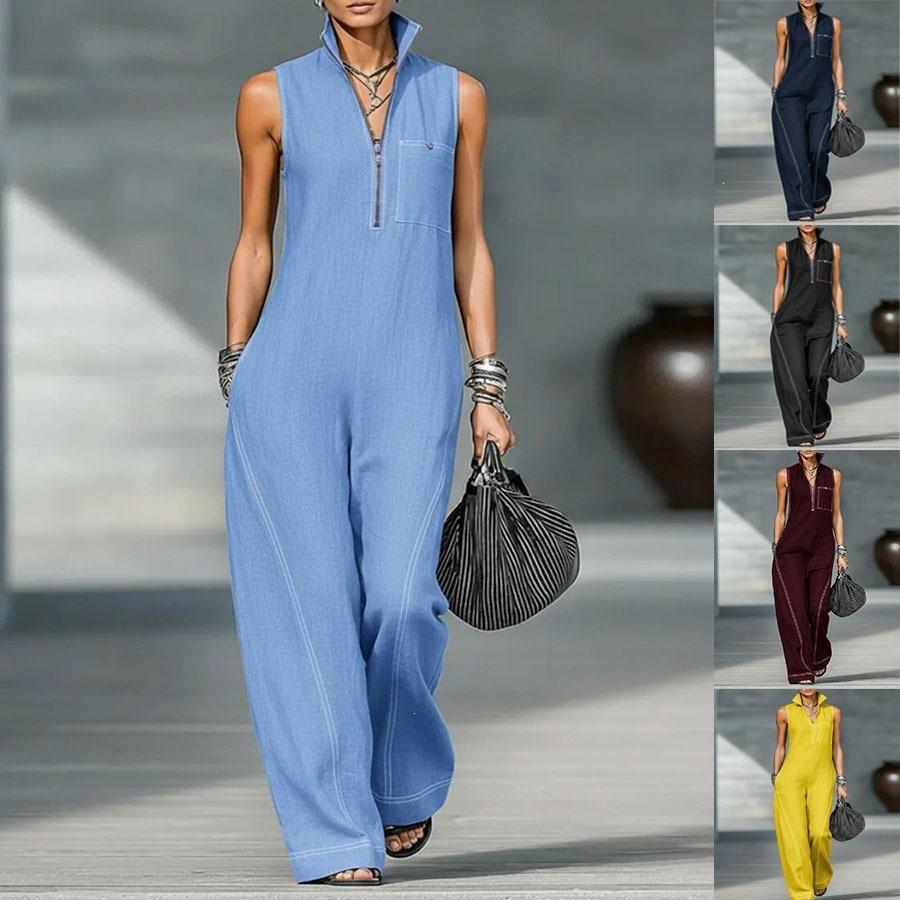 2026 new cross-border, European, American Amazon independent station women's stand-up collar sleeveless casual loose cotton and linen jumpsuit