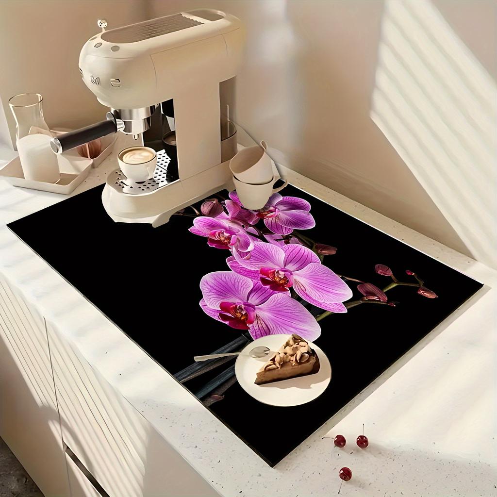 1Pcs Rubber Drying Mat With Retro Moroccan Orchid Print For Coffee Shop Kitchen Carpet Tableware Durable Diatom Mud Table Mat Pet Mat Coffeeware