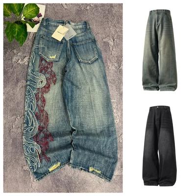 Y2K Американский Новый Узор Вышивка Мешковатые Джинсы Мужские Уличная Винтажная Хип-Хоп Мода Повседневные Джокер Пара Широкие Брюки