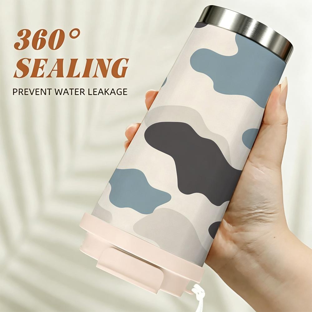 Abstract Blue and Grey Camo Pattern Insulated Coffee Tumbler Vacuum Thermal Cup Leakproof Travel Mug for Hot Cold Drinks Office Gift