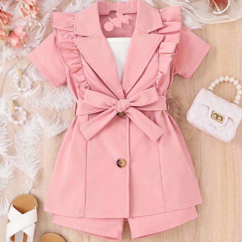 Girls' Fashion Suit Spring Summer Children's Casual Halter Solid Color Short-sleeved Lapel Suit Jacket Shorts Three-piece Suit