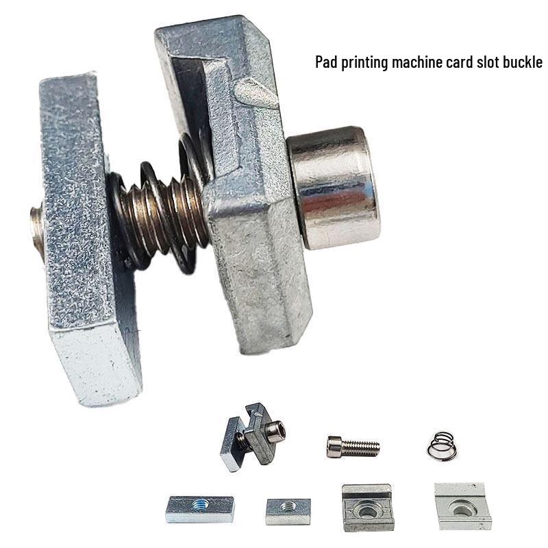 Pad Printing Machine Accessories: Oil Tray Base, Buckle, Rubber Head Holder, Position Fixing Piece, Lock, and Screw.