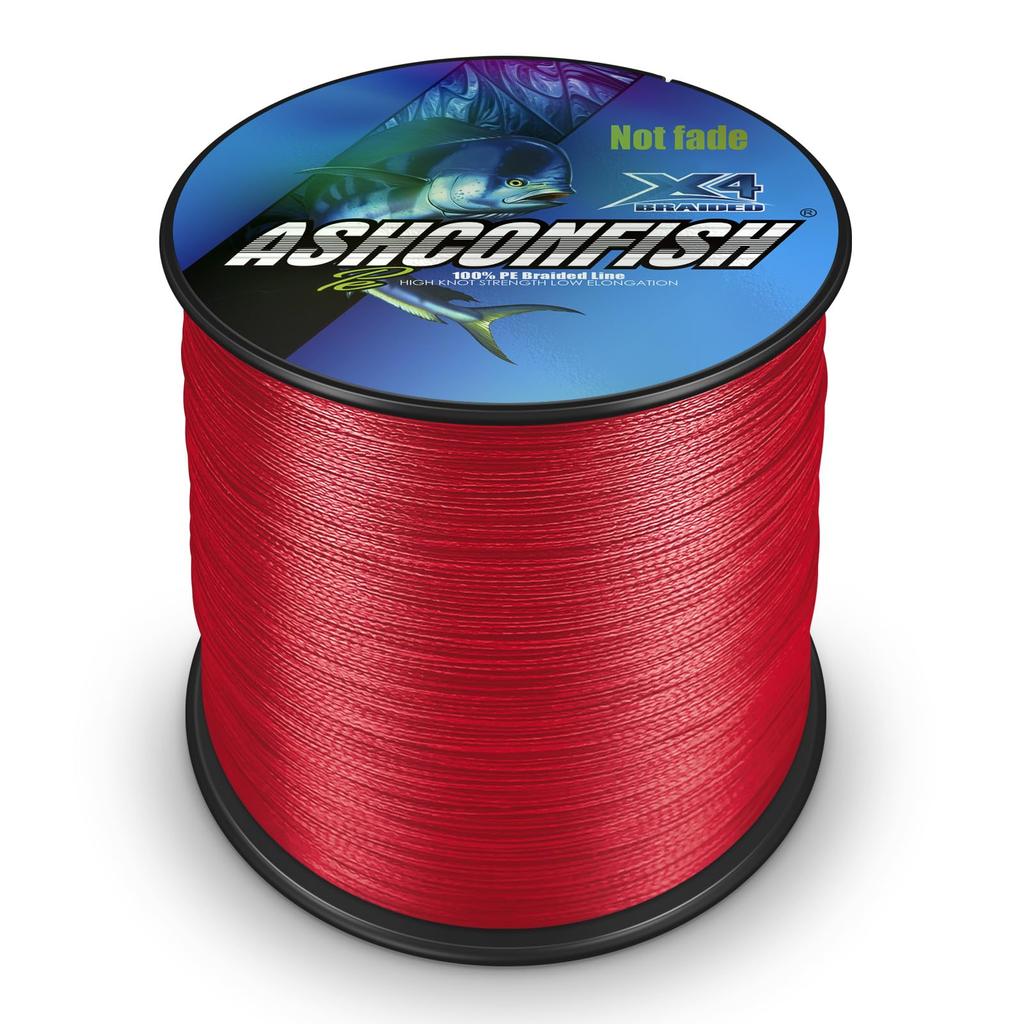 Рыболовная леска Ashconfish "Colorfast", ПЭ, 4-жильная, 1000 м, Ультрапрочная, Высокочувствительная, Износостойкая, Низкое растяжение, Красная, Подходит для лодочной рыбалки