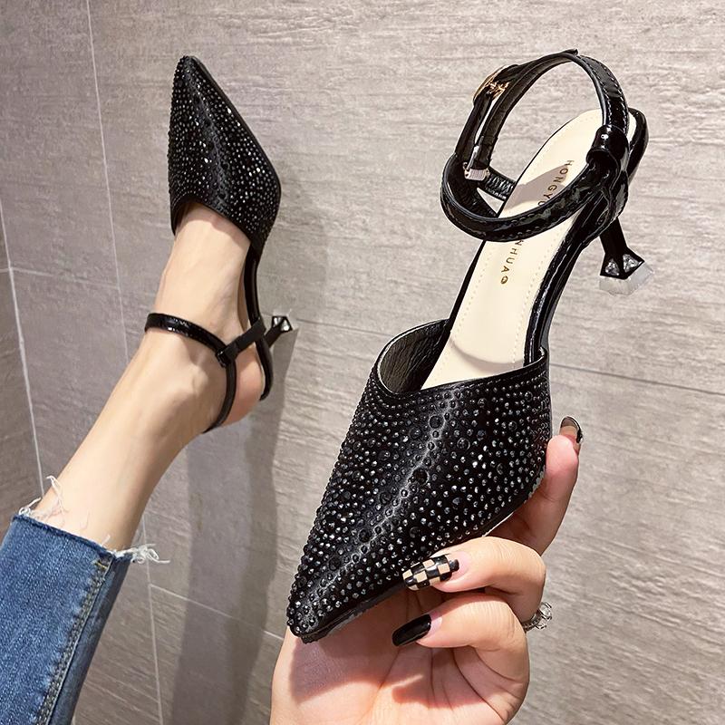 Сексуальные туфли на высоком каблуке с острым носком, женские модные босоножки со стразами, летние дышащие женские туфли-лодочки с ремешком на щиколотке, свадебные туфли