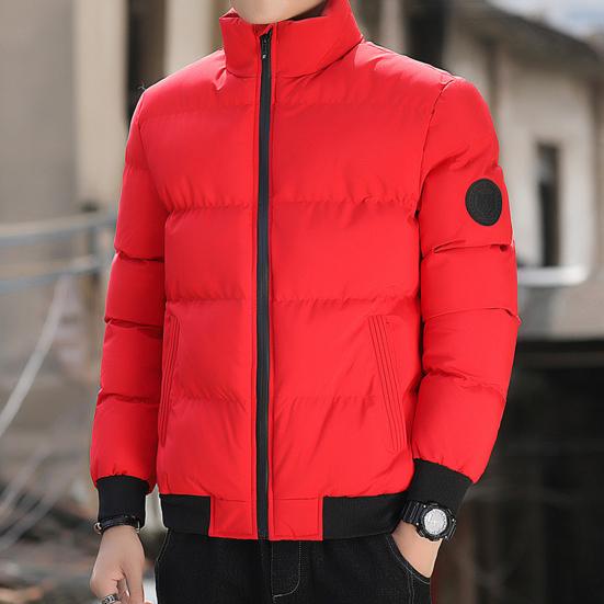 Men Down Jacket Stand Collar Long Sleeve Zipper Closure Jacket Elastic Hem Solid