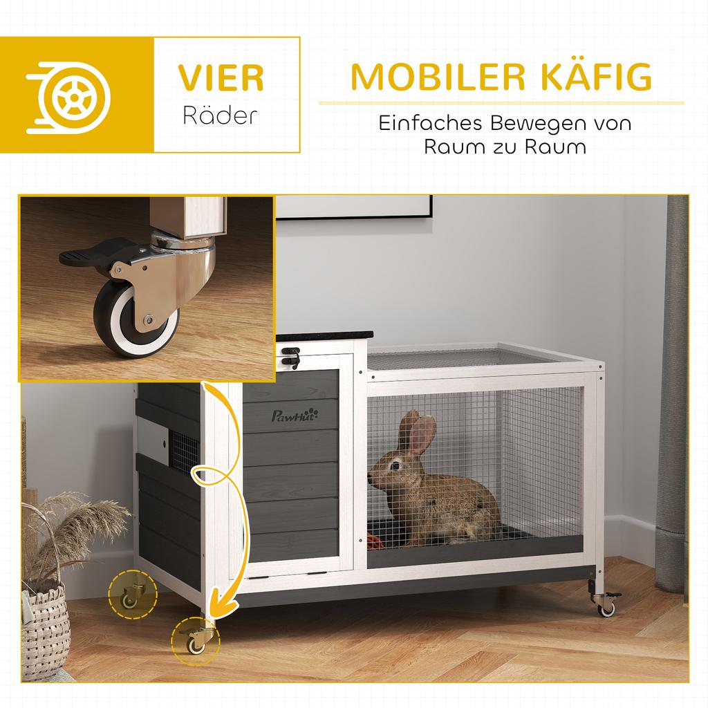 Wooden rabbit hutch with run, wheels, hinged roof, for indoor and outdoor use, 92 x 52 x 67 cm, dark grey
