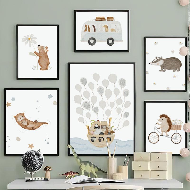 Бохо Мультяшный Медведь Ежик Машина Корабль Воздушный Шар Постеры Художественные Принты Холст Живопись Настенные Картины Для Детской Комнаты Домашний Декор