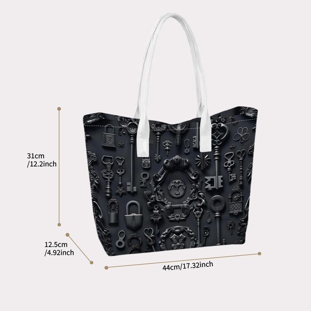 Vintage Gothic Black Key Pattern Tote Bag Casual Daily Shoulder Bag for Women Shopping Travel Use