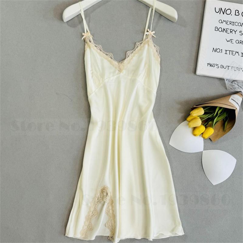 Sexy Lace Bathrobe Gown Nightdress Lingerie Summer New Female Nighty&Robe Set Nightgown Silky Satin Home Clothes Loungewear