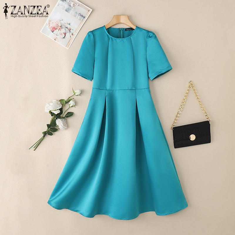 ZANZEA Женское повседневное летнее платье А-силуэта с круглым вырезом и коротким рукавом