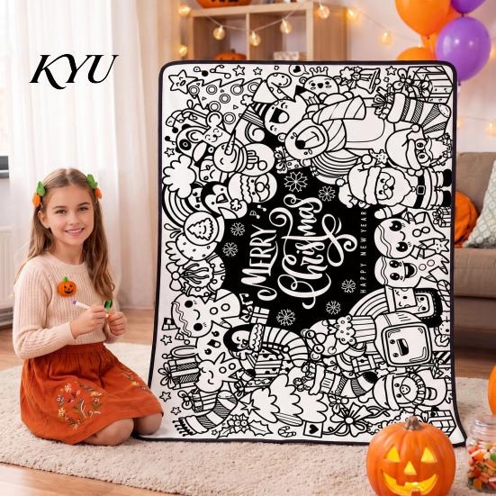 Creative Activity for Women Halloween DIY Coloring Blanket, Color Your Own Throw Blanket with Optional Art Therapy Gifts 24 Markers, Washable