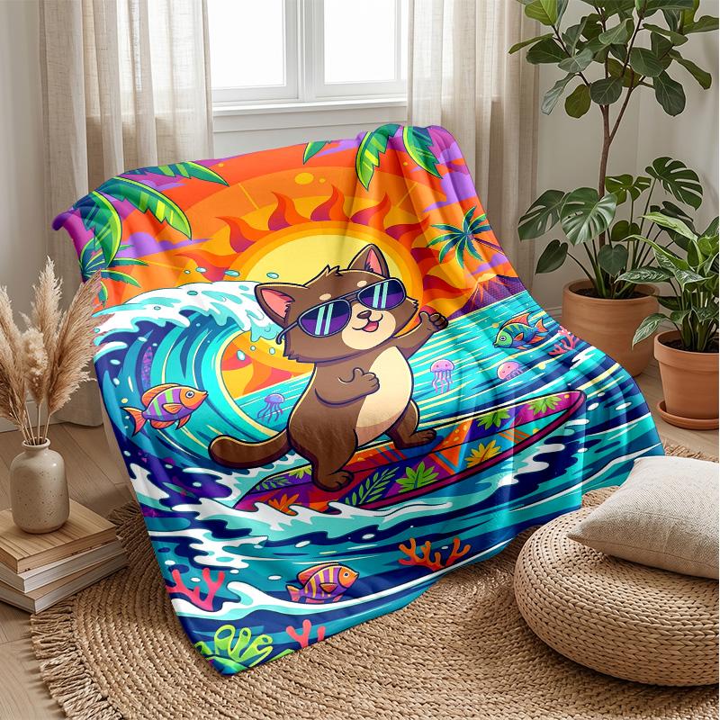 Surfing Cat Adventure 2 Theme blanket Lightweight Warm Flannel Blanket Decorative Throw Blanket for Home Decoration