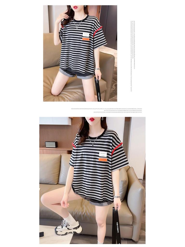 Женская полосатая хлопковая контрастная футболка в корейском стиле, свободный крой, размер плюс, лето 2025 г., модный круглый вырез