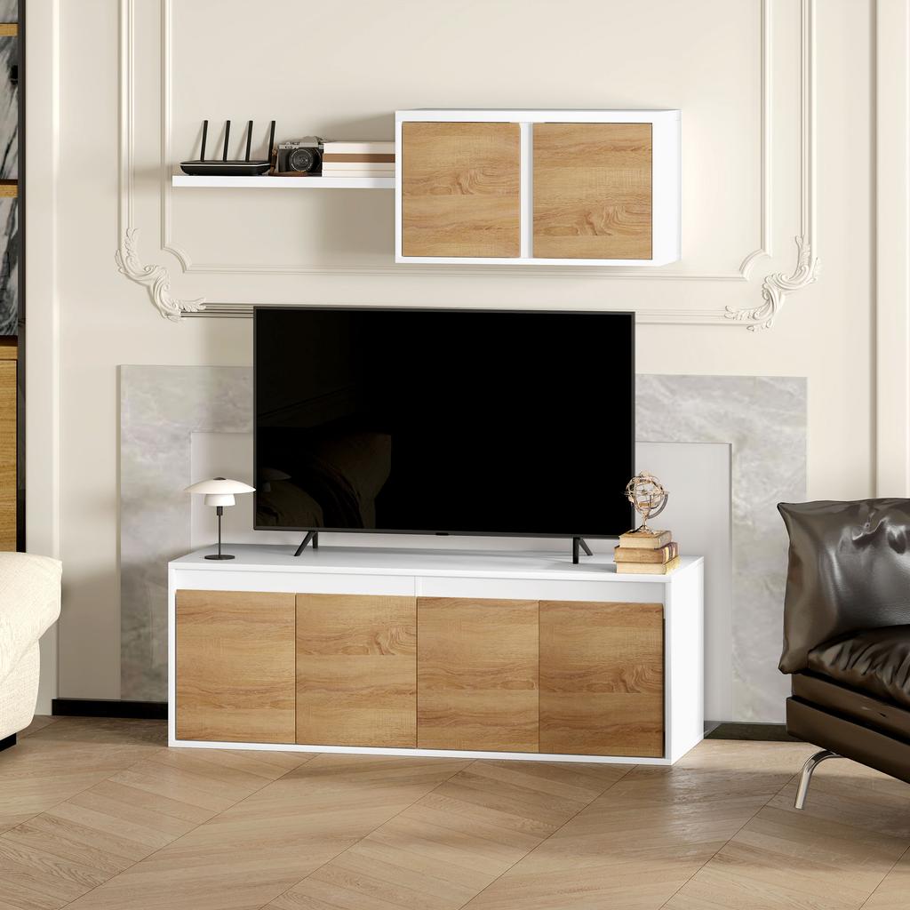 TV Cabinet and Wall Cabinet Set with 7 Shelves and Open Shelf, in Wood, 120x41x43.3 cm, White and Wood Color