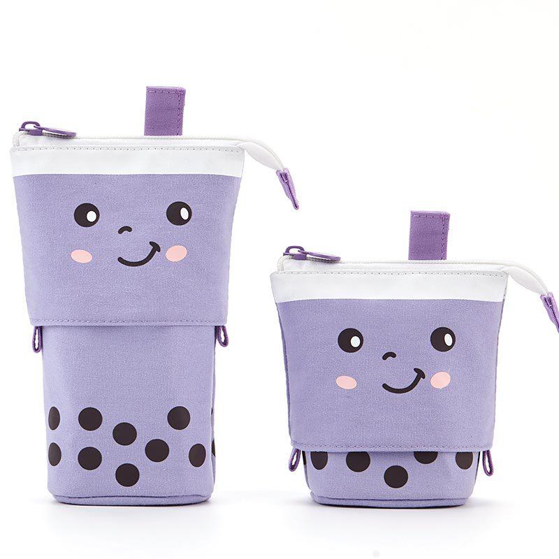Polka Dot Milk Tea Pull-down Pencil Case with Heart and Smiley Face Design, Multifunctional Stationery Holder