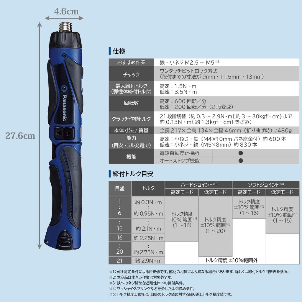 Аккумуляторный гайковерт Panasonic Stick Driver Только основной блок Промышленная серия S Переключение муфты Максимальный крутящий момент затяжки Высокий Низкий Совместимость с Compact