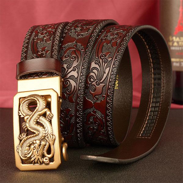 Male Belt Genuine Leather Belt for Men Carving Flower Pattern Animal Dragon Gold Automatic Buckle Belt Strap for Jeans