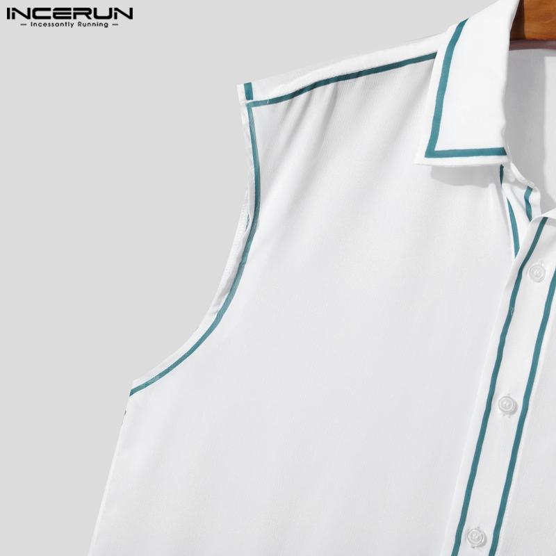 INCERUN Мужские топы без рукавов с лацканами, на пуговицах, с отделкой, полупрозрачные, повседневные