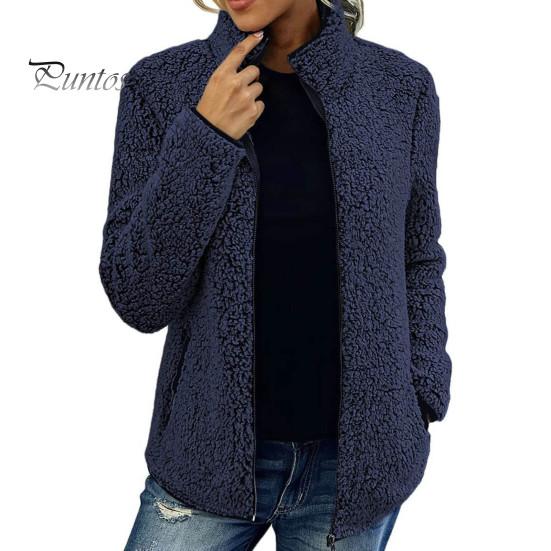 Winter Jacket Stand Collar Long Sleeves Pockets Zipper Closure Fluffy Coat Cardigan Women Autumn Solid Color Plush Streetwear