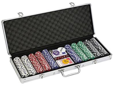 Набор для покера - серебристый металлический корпус - 500 фишек 11,5 г - 2 колоды карт - аксессуары включены