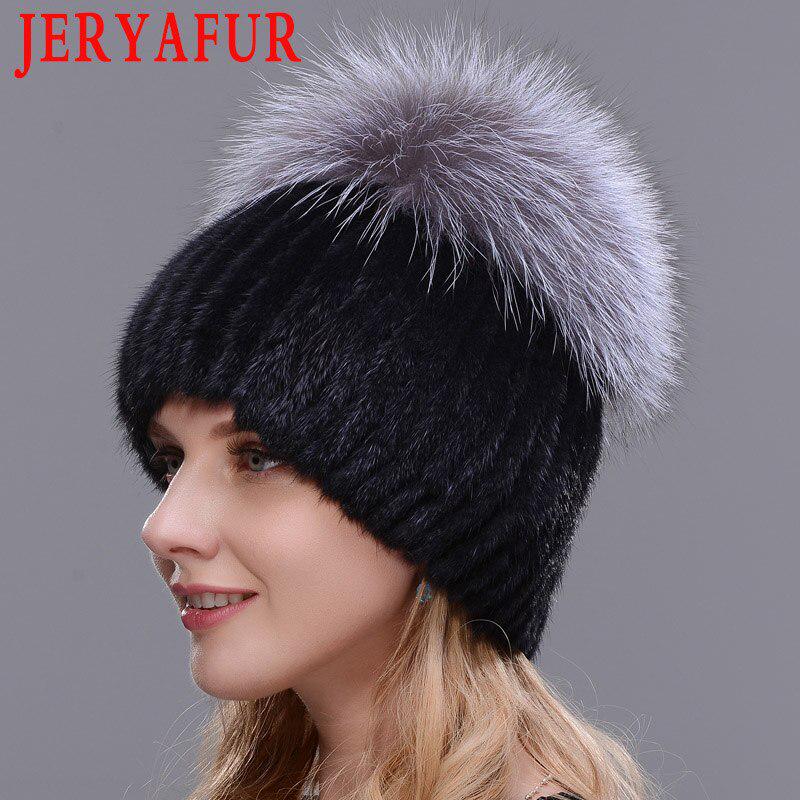 JERYAFUR Вязаная женская шапка с мехом норки пэчворк