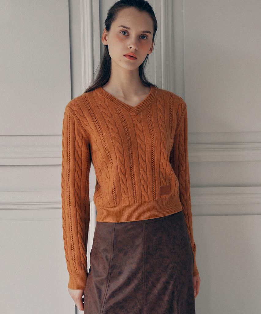 ROLAROLA V Neck Cable Label Knit Orange