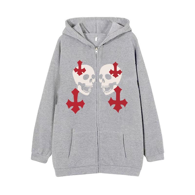 Skull Wing Print Hooded Zip-Up Sweatshirt Women Loose Fit Fleece Lined Long Sleeve Streetwear