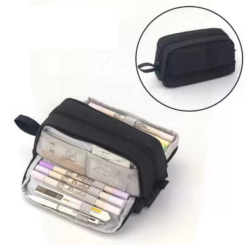 Cross-border Fabric Pencil Case Stationery Bag Student Macaron Color Double Window Multi-function Learning Zipper