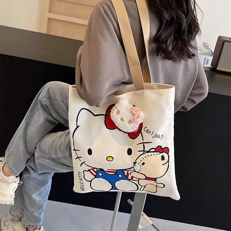 Hello Kitty Large Capacity Canvas Shoulder Bag - Cute Cartoon Schoolbag