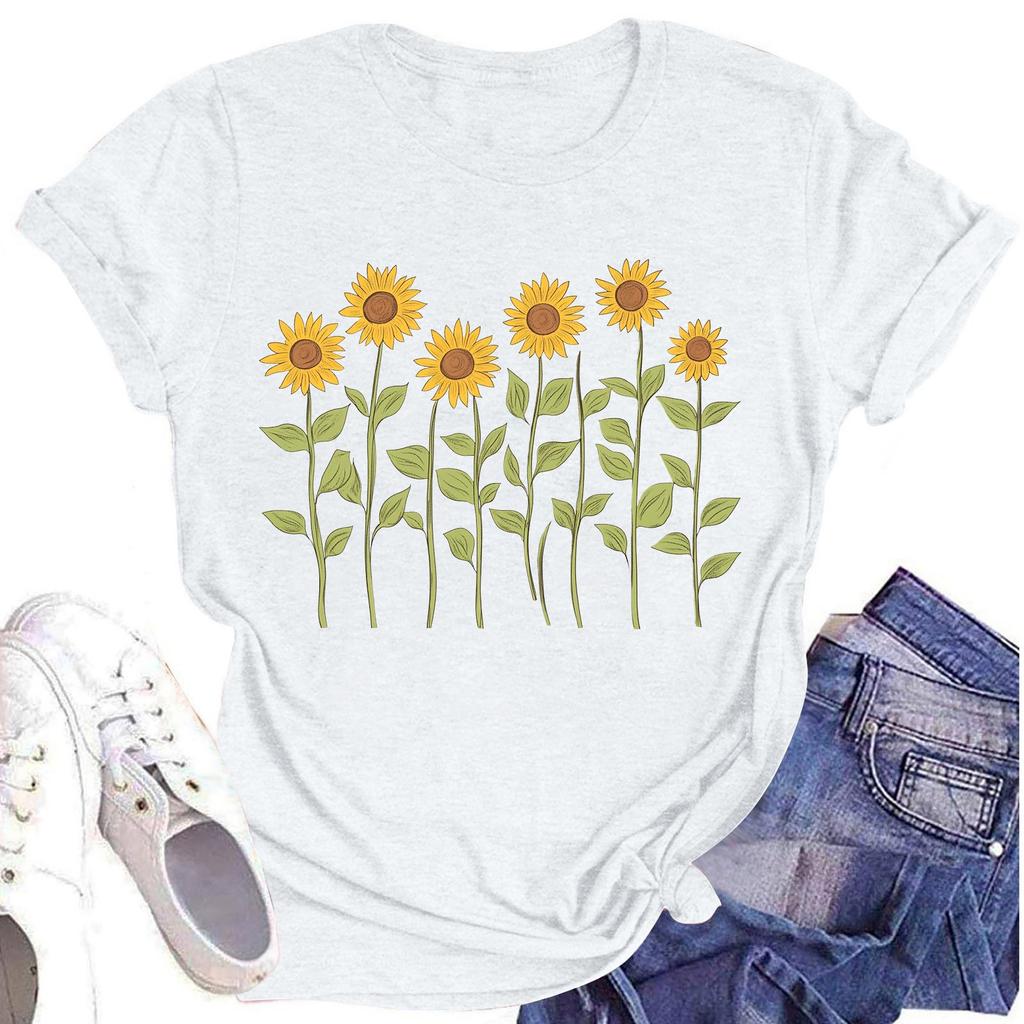 Женская повседневная футболка с круглым вырезом и цветочным принтом, короткий рукав