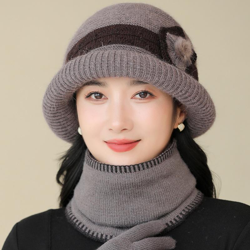 Новая стильная шерстяная шапка для женщин среднего и пожилого возраста Защита ушей Теплая вязаная шапка-ведро Стильная шапка-клош с подвернутыми полями и велюровой подкладкой