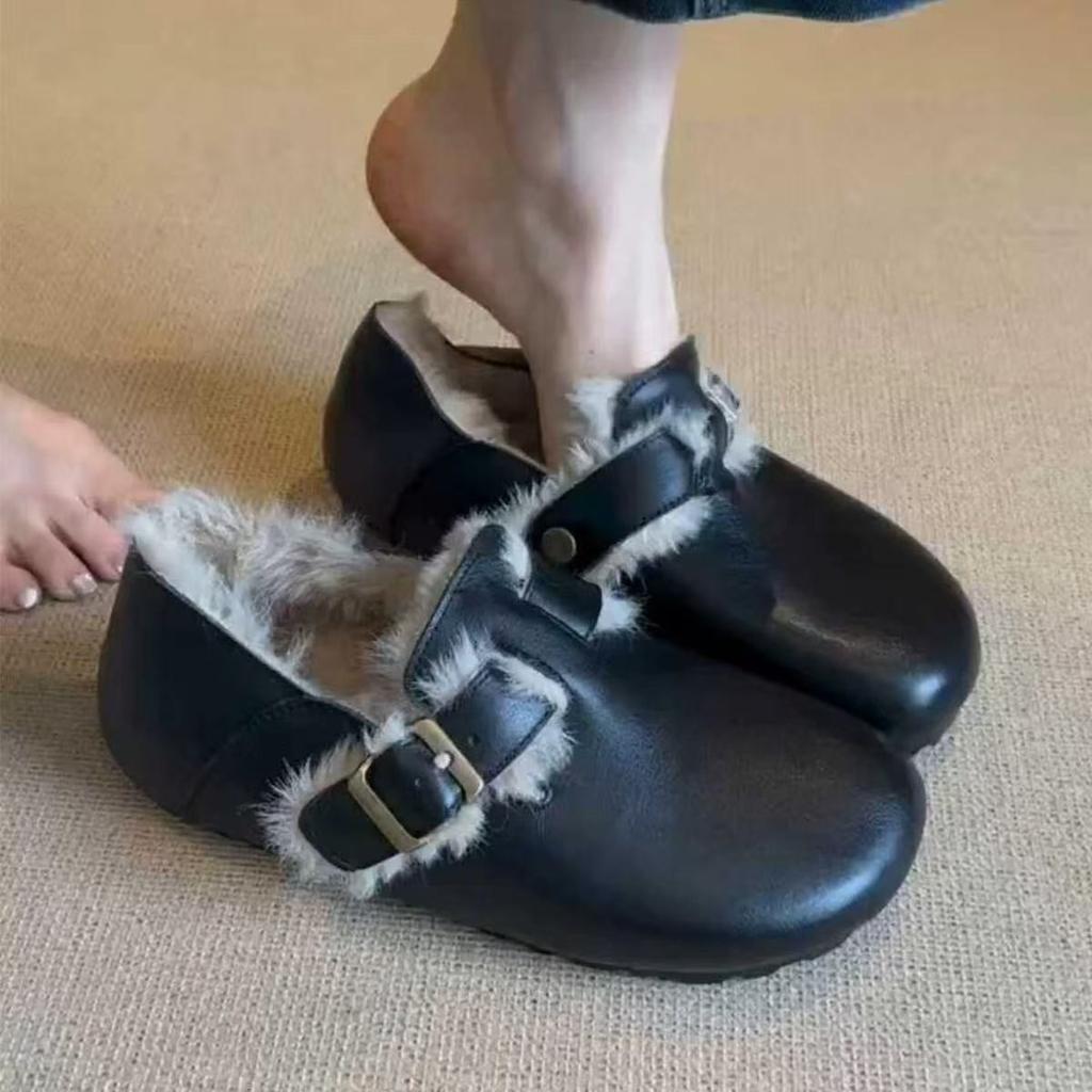 Retro Belt Buckle Polished Fluffy Shoes Women'S Autumn And Winter Lazy Comfortable One-Pedal Bag Head Large Size Cotton Shoes