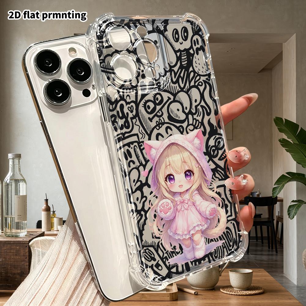 Phone case: 2D flat suitable for iPhone 18 17 16 15 14 13 Pro, transparent four corner protective case, cat ear girl, Christmas and Halloween gift