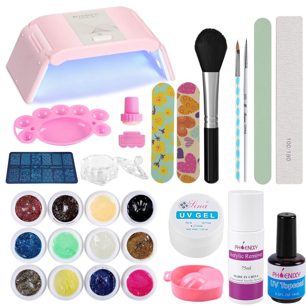 Набор УФ-гелей для ногтей PHOENIXY с УФ-светодиодной лампой, маникюрные инструменты, художественный набор, набор полуперманентных гель-лаков, замачиваемый УФ-лак, полный набор акриловых ногтей