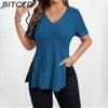 Весна-лето Модные однотонные женские топы с V-образным вырезом и короткими рукавами в полоску с разрезом, футболка-пуловер