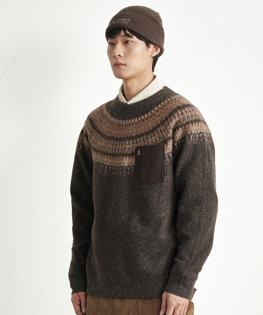 HELEMENT Nordic Pattern Pocket Pullover (Brown)