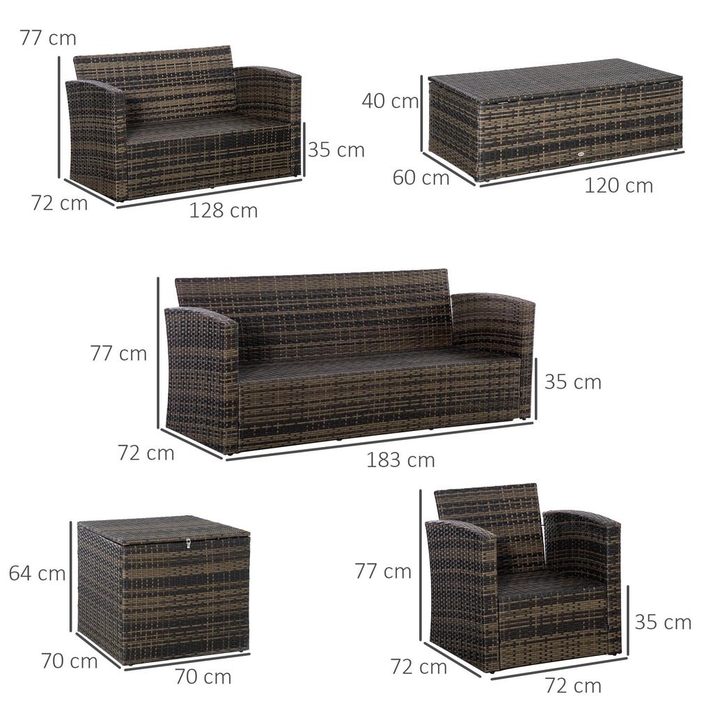 Outdoor Garden Rattan Set 6 Pieces Cushions Double Sofa 3-Seater Sofa 2 Armchairs 2 Side Tables Khaki