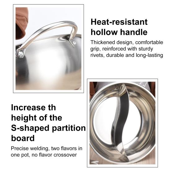 Double Flavor Hot Pot Stainless Steel Split Hot Pot with Anti-Scald Handles Chinese Induction Shabu Hot Pot for Kitchen Stove