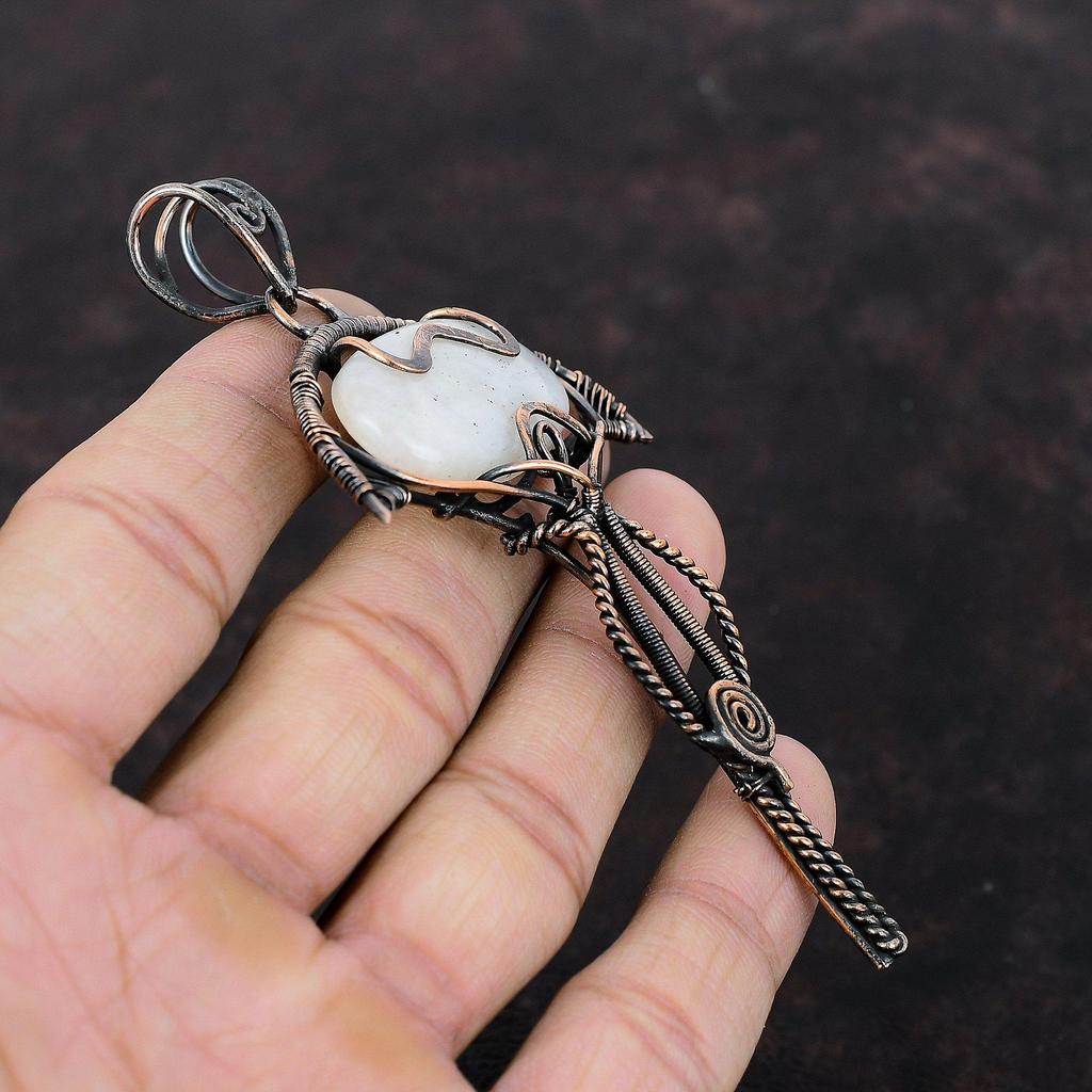 Подвеска с радужным лунным камнем, подвеска из медной проволоки, изящная подвеска, подвеска с драгоценным камнем, подвеска ручной работы, красивое медное ювелирное украшение, подарок для нее