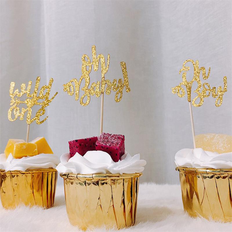10 шт., золотой топпер для кексов Oh Baby для мальчиков и девочек, детский душ, раскрывающий пол ребенка, украшение для вечеринки в честь 1-го дня рождения, принадлежности для украшения торта