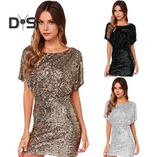 Women Mini Dress Round Neck Hollow Short Sleeve Backless Short Dress Glitter Sequins Hip Wrapped Party Dress