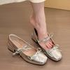 2025 New Silver Bow Square Head Middle Heel Mary Jane Shoes Children One Word with High Heels Thick Heel Single Shoes