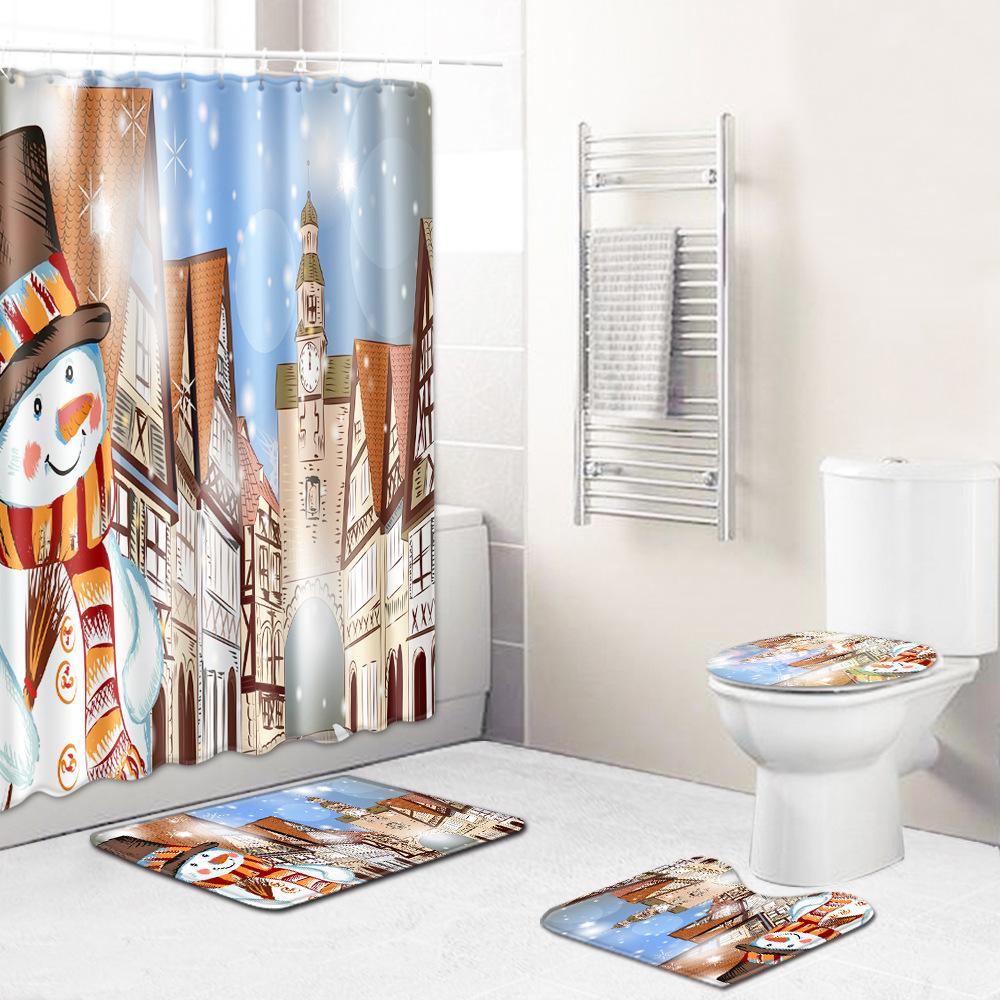 Christmas Shower Curtain Floor Mat Combination Four-Piece Set Bathroom Toilet Carpet Shower Room Mat Foot Mat