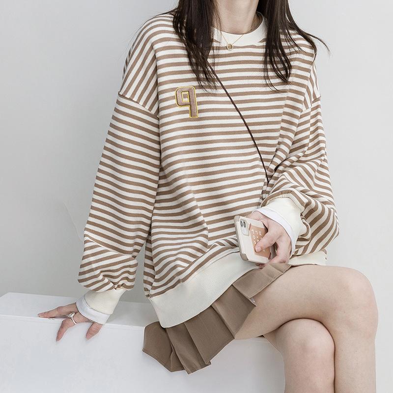 Striped, Hoodie, Women's, Top, Loose Fit, T-shirt