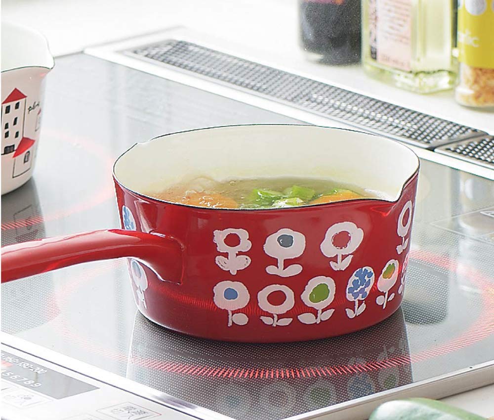 Молочник Tamahashi, Эмалированный, 15 см, Совместим с индукционными и газовыми плитами, Сделано в Японии, Цвет: Слива, Красный, Дизайн: Конфетный цветок, YJM-202