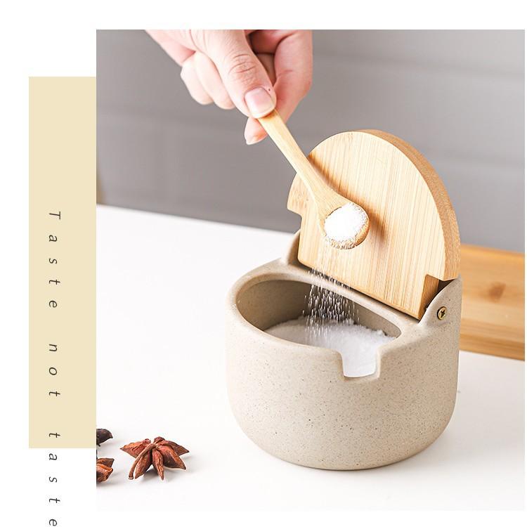 Beige Ceramic Seasoning Jar with Bamboo Lid Kitchen Spice Container Household Salt and Sugar Bowl Set Seasoning Storage Box