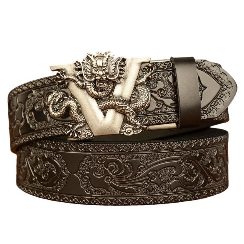 Domineering Tang Grass Pattern Engraved Men's Automatic Imitation Copper Buckle Belt, Personalized