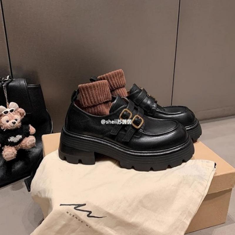 Туфли из вымытой лошадиной кожи, с маленькой золотой пряжкой, на толстом каблуке-платформе, лоферы, одинарные туфли, женские туфли из маленькой кожи