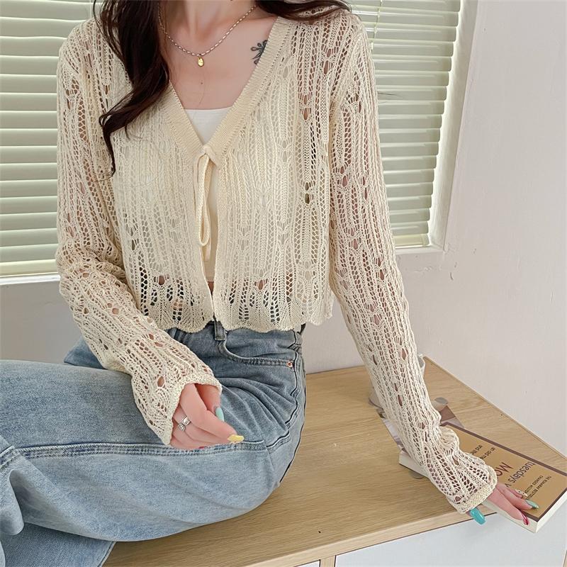 Summer Women's Knitted Shawl Sweaters Lady Hollow Out Tie Up Air-conditioned Shirt Mesh Thin See Through Look Long Sleeve Loose Tops Sunscreen Shirt