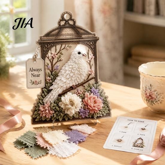 Handmade Flower Bird Craft 3D Fabric Poke Art Kit, DIY Memory Lantern Floral Housewarming Gift for Nature Lovers And Patterns, Punch Needle